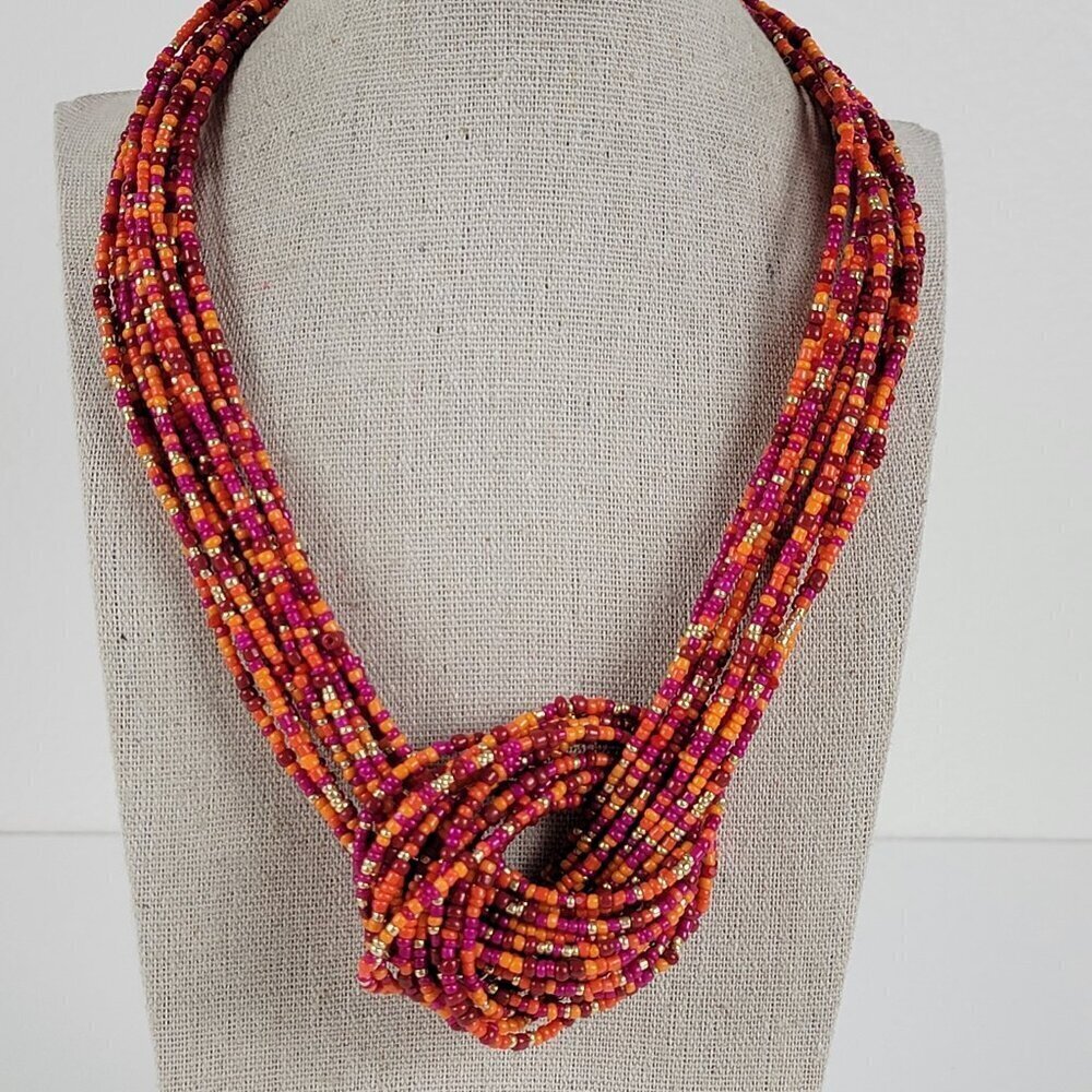 Erica Lyons Multi-Strand Orange And Red Seed Bead Statement Necklace 22"